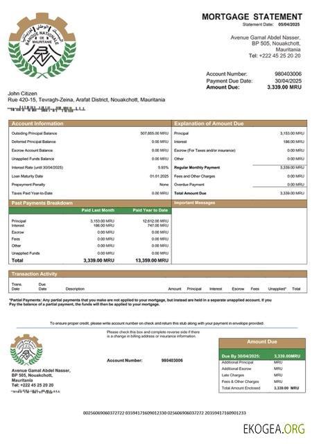 Modèle Word et PDF de relevé hypothécaire de la Banque Nationale de Mauritanie (BNM) de Mauritanie